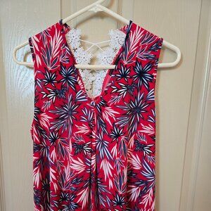Flowy Sleeveless Red, White, Blue Top w/ Lace Back Size L